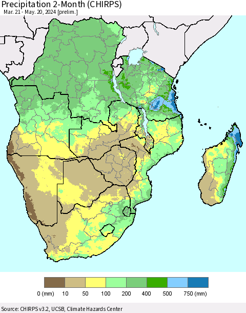 Southern Africa Precipitation 2-Month (CHIRPS) Thematic Map For 3/21/2024 - 5/20/2024