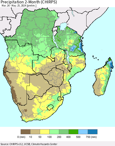Southern Africa Precipitation 2-Month (CHIRPS) Thematic Map For 3/26/2024 - 5/25/2024