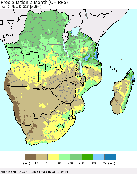Southern Africa Precipitation 2-Month (CHIRPS) Thematic Map For 4/1/2024 - 5/31/2024