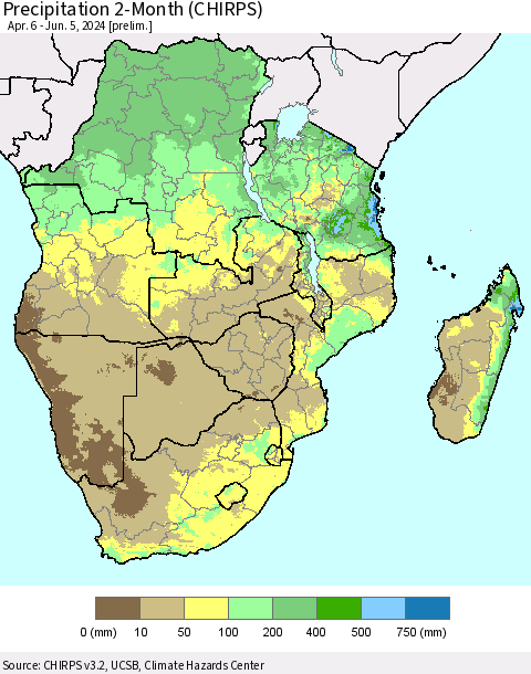 Southern Africa Precipitation 2-Month (CHIRPS) Thematic Map For 4/6/2024 - 6/5/2024