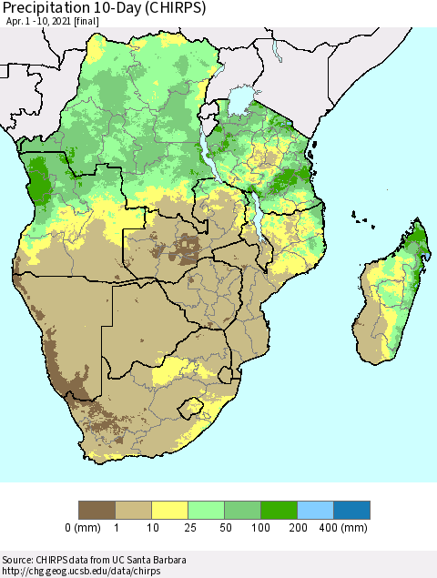 Southern Africa Precipitation 10-Day (CHIRPS) Thematic Map For 4/1/2021 - 4/10/2021