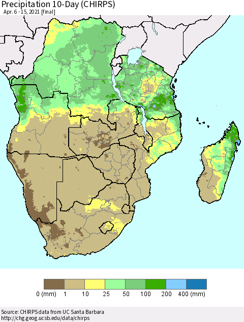 Southern Africa Precipitation 10-Day (CHIRPS) Thematic Map For 4/6/2021 - 4/15/2021
