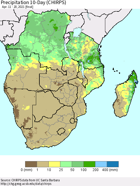 Southern Africa Precipitation 10-Day (CHIRPS) Thematic Map For 4/11/2021 - 4/20/2021