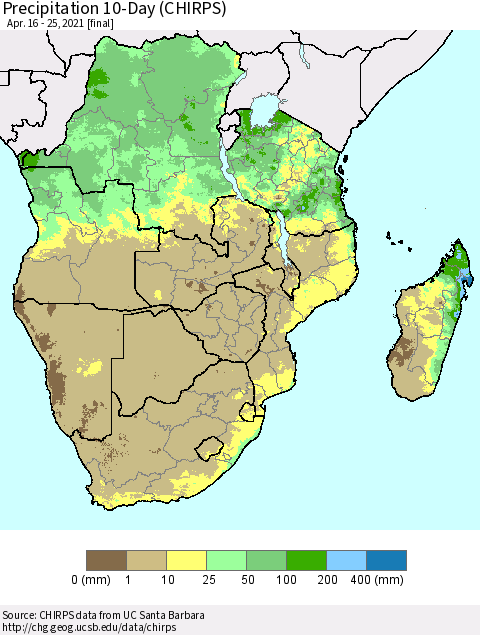 Southern Africa Precipitation 10-Day (CHIRPS) Thematic Map For 4/16/2021 - 4/25/2021