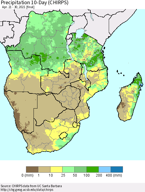 Southern Africa Precipitation 10-Day (CHIRPS) Thematic Map For 4/21/2021 - 4/30/2021
