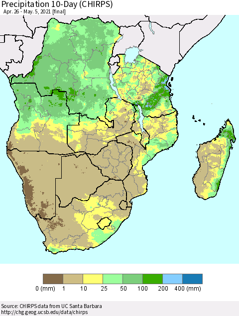 Southern Africa Precipitation 10-Day (CHIRPS) Thematic Map For 4/26/2021 - 5/5/2021