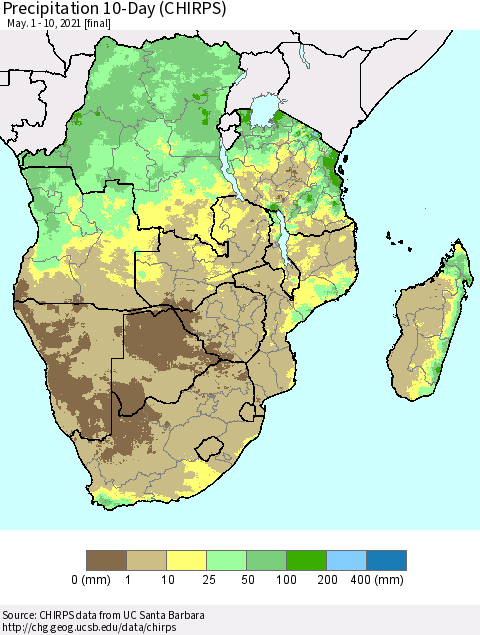 Southern Africa Precipitation 10-Day (CHIRPS) Thematic Map For 5/1/2021 - 5/10/2021