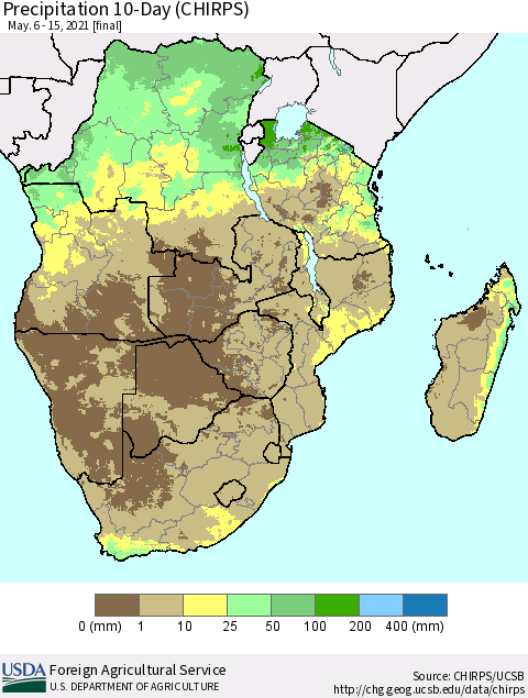 Southern Africa Precipitation 10-Day (CHIRPS) Thematic Map For 5/6/2021 - 5/15/2021