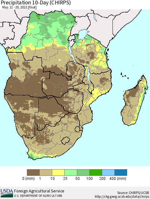 Southern Africa Precipitation 10-Day (CHIRPS) Thematic Map For 5/11/2021 - 5/20/2021