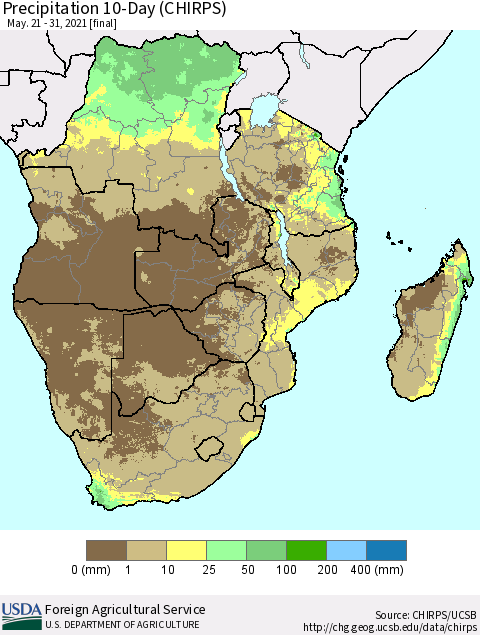 Southern Africa Precipitation 10-Day (CHIRPS) Thematic Map For 5/21/2021 - 5/31/2021