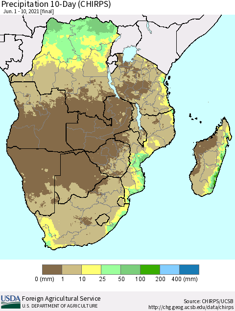 Southern Africa Precipitation 10-Day (CHIRPS) Thematic Map For 6/1/2021 - 6/10/2021