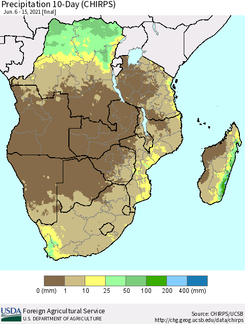 Southern Africa Precipitation 10-Day (CHIRPS) Thematic Map For 6/6/2021 - 6/15/2021