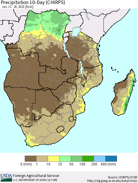 Southern Africa Precipitation 10-Day (CHIRPS) Thematic Map For 6/11/2021 - 6/20/2021