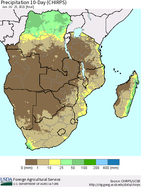 Southern Africa Precipitation 10-Day (CHIRPS) Thematic Map For 6/16/2021 - 6/25/2021