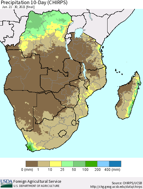 Southern Africa Precipitation 10-Day (CHIRPS) Thematic Map For 6/21/2021 - 6/30/2021