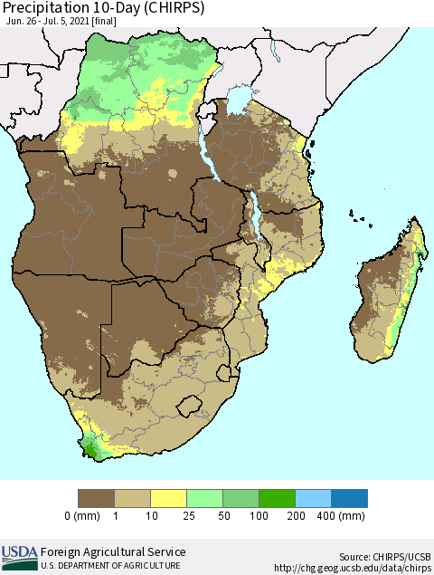 Southern Africa Precipitation 10-Day (CHIRPS) Thematic Map For 6/26/2021 - 7/5/2021
