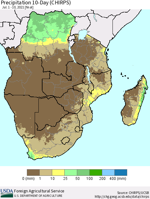 Southern Africa Precipitation 10-Day (CHIRPS) Thematic Map For 7/1/2021 - 7/10/2021