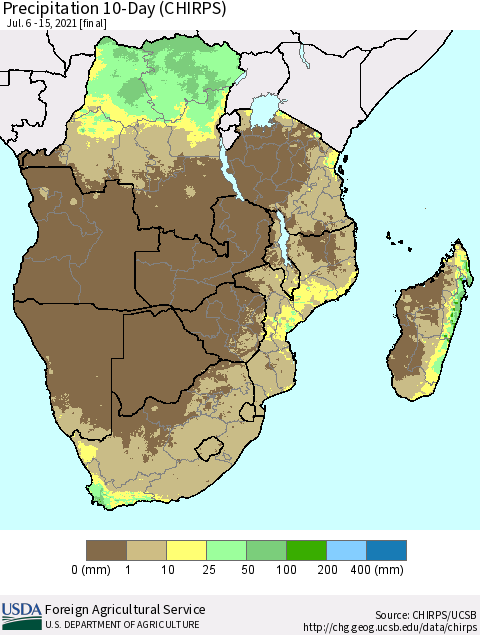 Southern Africa Precipitation 10-Day (CHIRPS) Thematic Map For 7/6/2021 - 7/15/2021