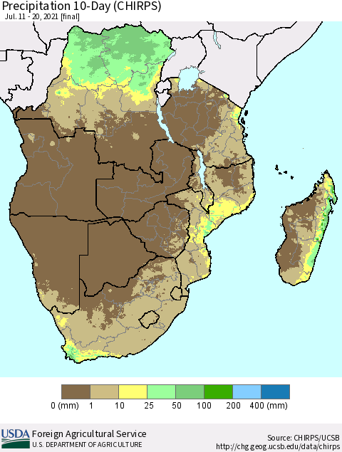 Southern Africa Precipitation 10-Day (CHIRPS) Thematic Map For 7/11/2021 - 7/20/2021