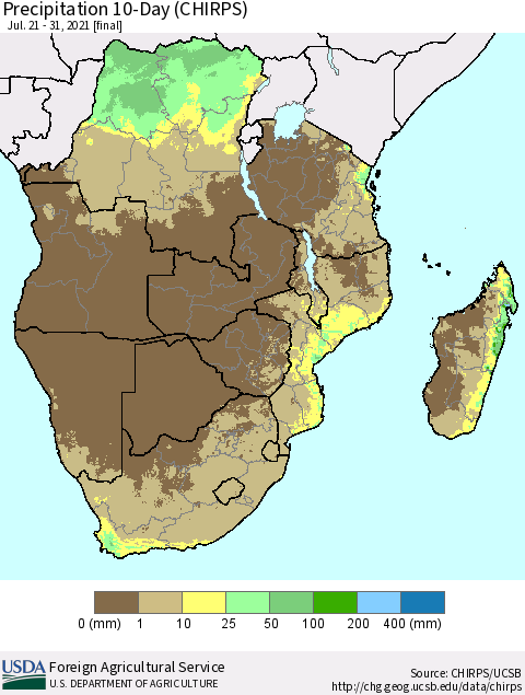 Southern Africa Precipitation 10-Day (CHIRPS) Thematic Map For 7/21/2021 - 7/31/2021