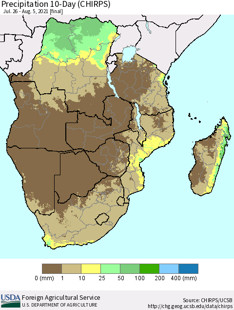 Southern Africa Precipitation 10-Day (CHIRPS) Thematic Map For 7/26/2021 - 8/5/2021