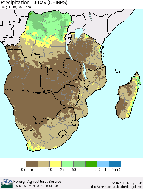 Southern Africa Precipitation 10-Day (CHIRPS) Thematic Map For 8/1/2021 - 8/10/2021