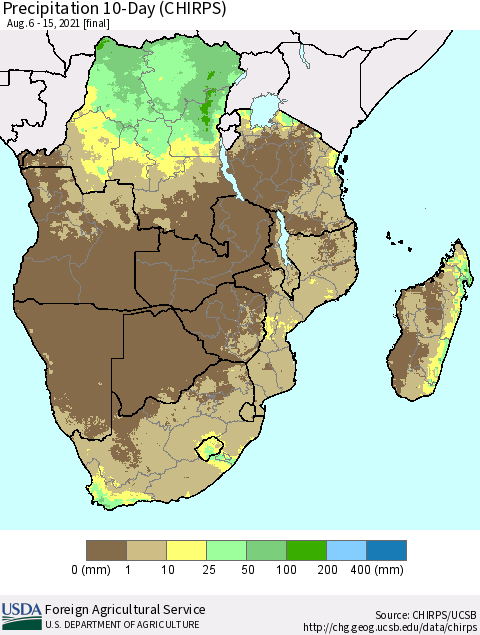 Southern Africa Precipitation 10-Day (CHIRPS) Thematic Map For 8/6/2021 - 8/15/2021