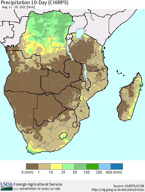 Southern Africa Precipitation 10-Day (CHIRPS) Thematic Map For 8/11/2021 - 8/20/2021