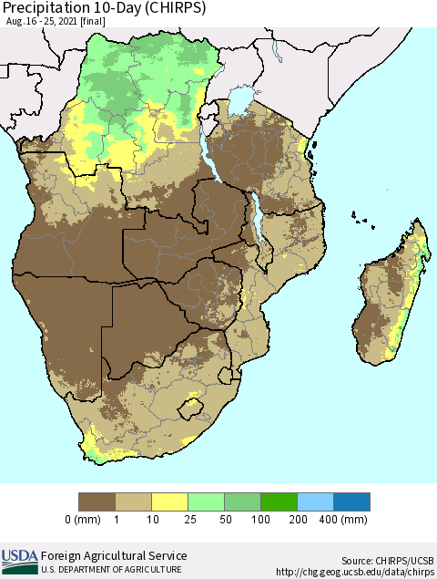 Southern Africa Precipitation 10-Day (CHIRPS) Thematic Map For 8/16/2021 - 8/25/2021