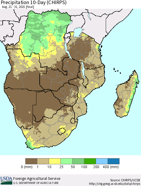 Southern Africa Precipitation 10-Day (CHIRPS) Thematic Map For 8/21/2021 - 8/31/2021