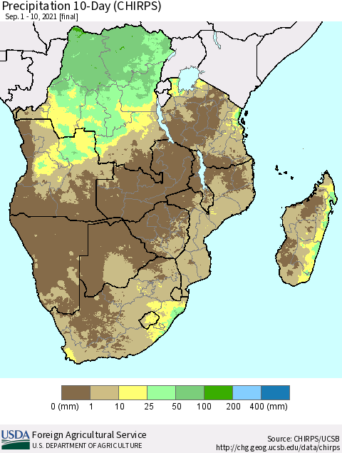 Southern Africa Precipitation 10-Day (CHIRPS) Thematic Map For 9/1/2021 - 9/10/2021