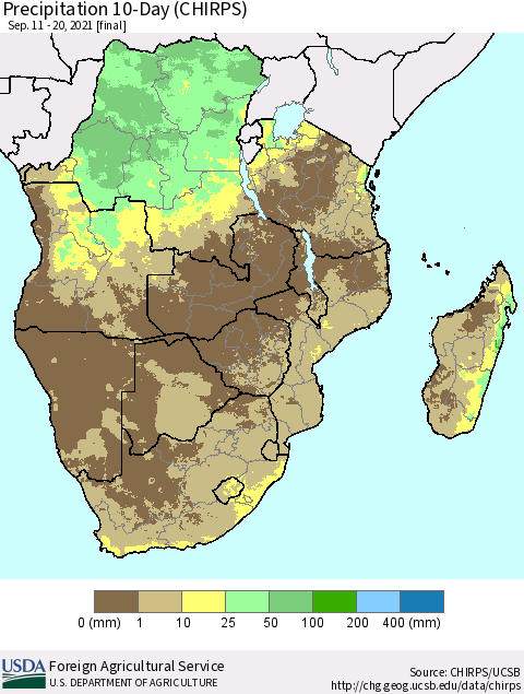Southern Africa Precipitation 10-Day (CHIRPS) Thematic Map For 9/11/2021 - 9/20/2021