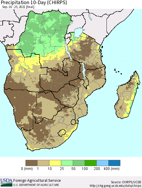 Southern Africa Precipitation 10-Day (CHIRPS) Thematic Map For 9/16/2021 - 9/25/2021