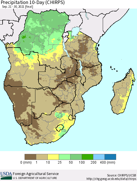 Southern Africa Precipitation 10-Day (CHIRPS) Thematic Map For 9/21/2021 - 9/30/2021