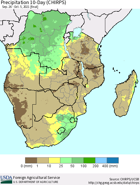 Southern Africa Precipitation 10-Day (CHIRPS) Thematic Map For 9/26/2021 - 10/5/2021