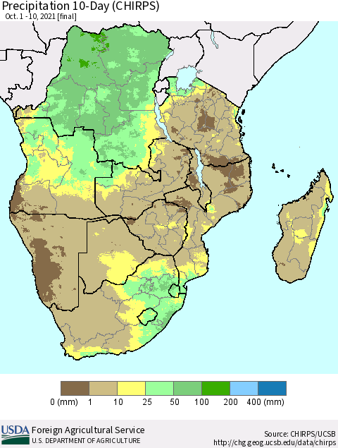 Southern Africa Precipitation 10-Day (CHIRPS) Thematic Map For 10/1/2021 - 10/10/2021