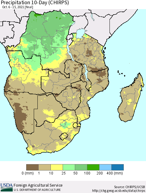 Southern Africa Precipitation 10-Day (CHIRPS) Thematic Map For 10/6/2021 - 10/15/2021