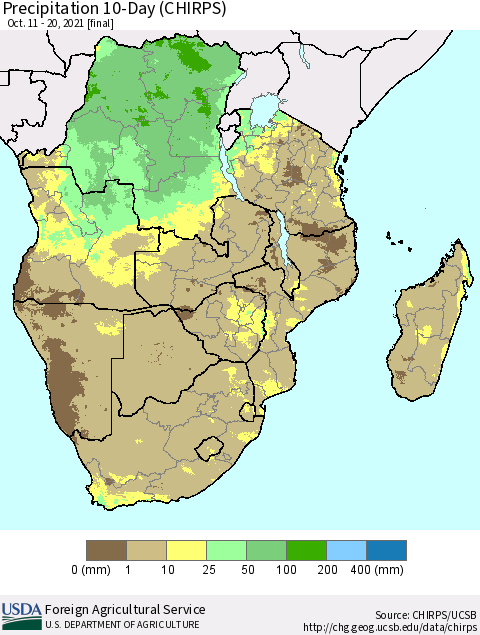 Southern Africa Precipitation 10-Day (CHIRPS) Thematic Map For 10/11/2021 - 10/20/2021