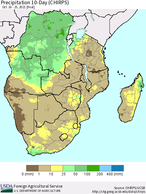 Southern Africa Precipitation 10-Day (CHIRPS) Thematic Map For 10/16/2021 - 10/25/2021