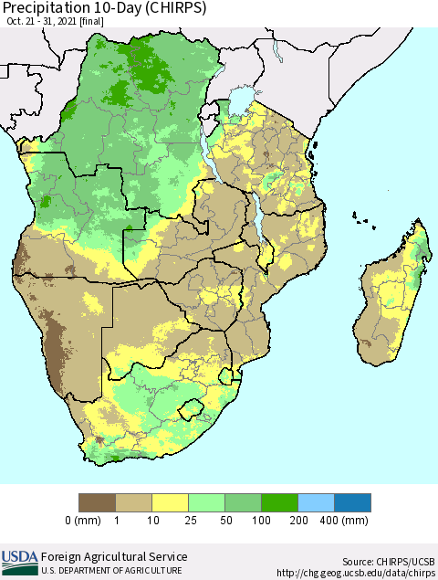 Southern Africa Precipitation 10-Day (CHIRPS) Thematic Map For 10/21/2021 - 10/31/2021