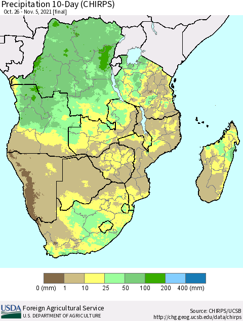 Southern Africa Precipitation 10-Day (CHIRPS) Thematic Map For 10/26/2021 - 11/5/2021