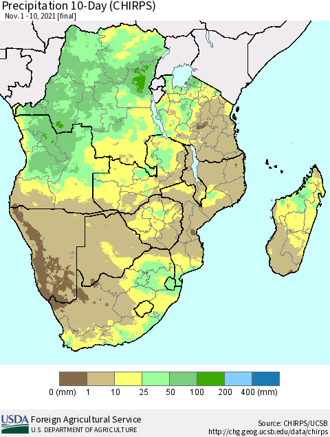 Southern Africa Precipitation 10-Day (CHIRPS) Thematic Map For 11/1/2021 - 11/10/2021