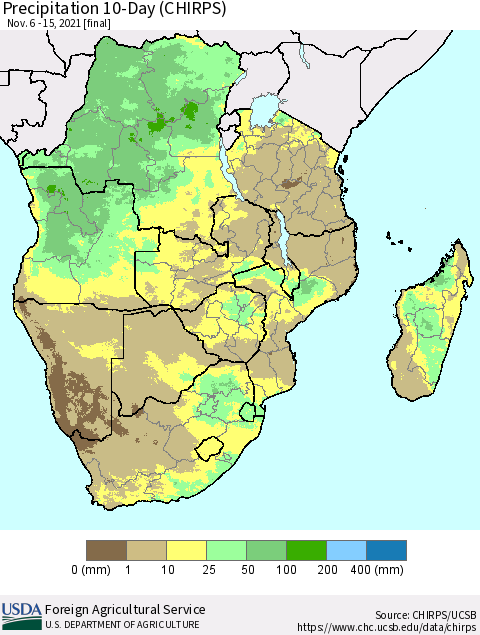 Southern Africa Precipitation 10-Day (CHIRPS) Thematic Map For 11/6/2021 - 11/15/2021