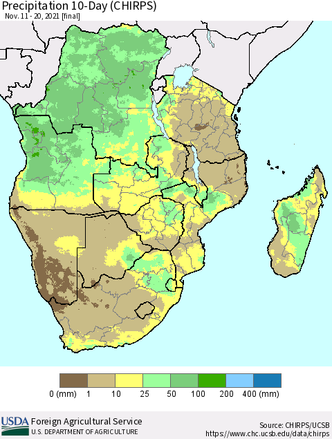 Southern Africa Precipitation 10-Day (CHIRPS) Thematic Map For 11/11/2021 - 11/20/2021