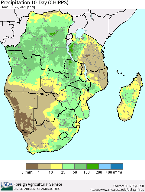 Southern Africa Precipitation 10-Day (CHIRPS) Thematic Map For 11/16/2021 - 11/25/2021