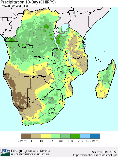 Southern Africa Precipitation 10-Day (CHIRPS) Thematic Map For 11/21/2021 - 11/30/2021