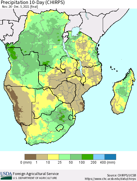 Southern Africa Precipitation 10-Day (CHIRPS) Thematic Map For 11/26/2021 - 12/5/2021