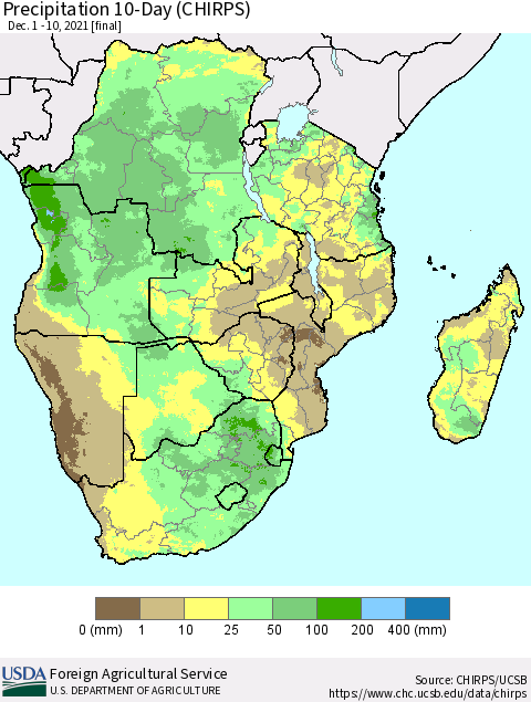 Southern Africa Precipitation 10-Day (CHIRPS) Thematic Map For 12/1/2021 - 12/10/2021