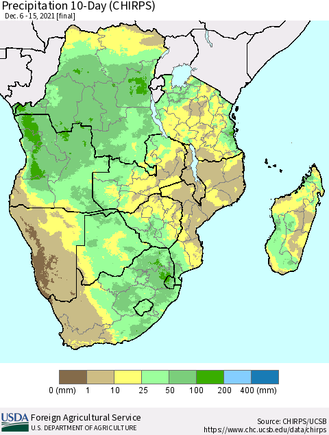 Southern Africa Precipitation 10-Day (CHIRPS) Thematic Map For 12/6/2021 - 12/15/2021