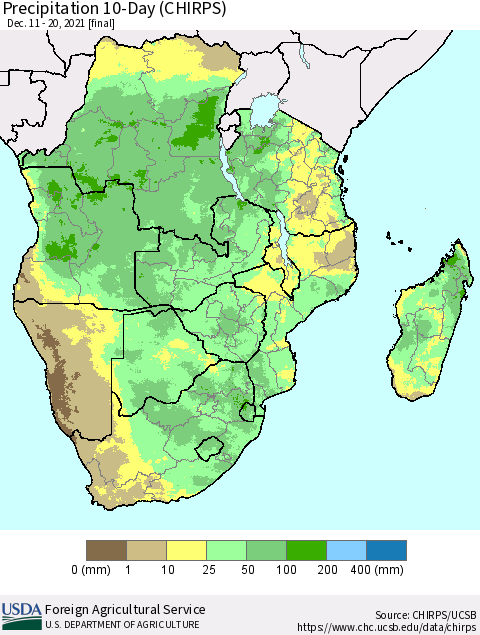 Southern Africa Precipitation 10-Day (CHIRPS) Thematic Map For 12/11/2021 - 12/20/2021